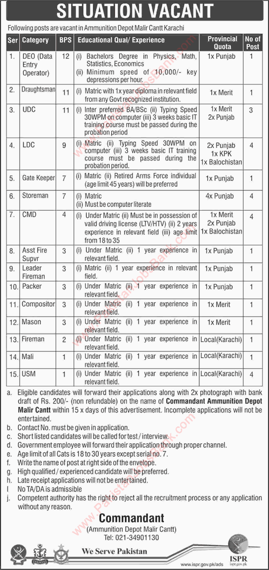 Ammunition Depot Malir Cantt Karachi Jobs December 2017 Clerks, Storeman, Drivers & Others Latest