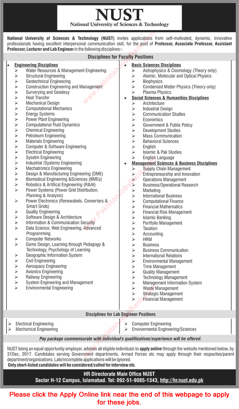 NUST University Islamabad Jobs December 2017 Apply Online Teaching Faculty & Lab Engineers Latest