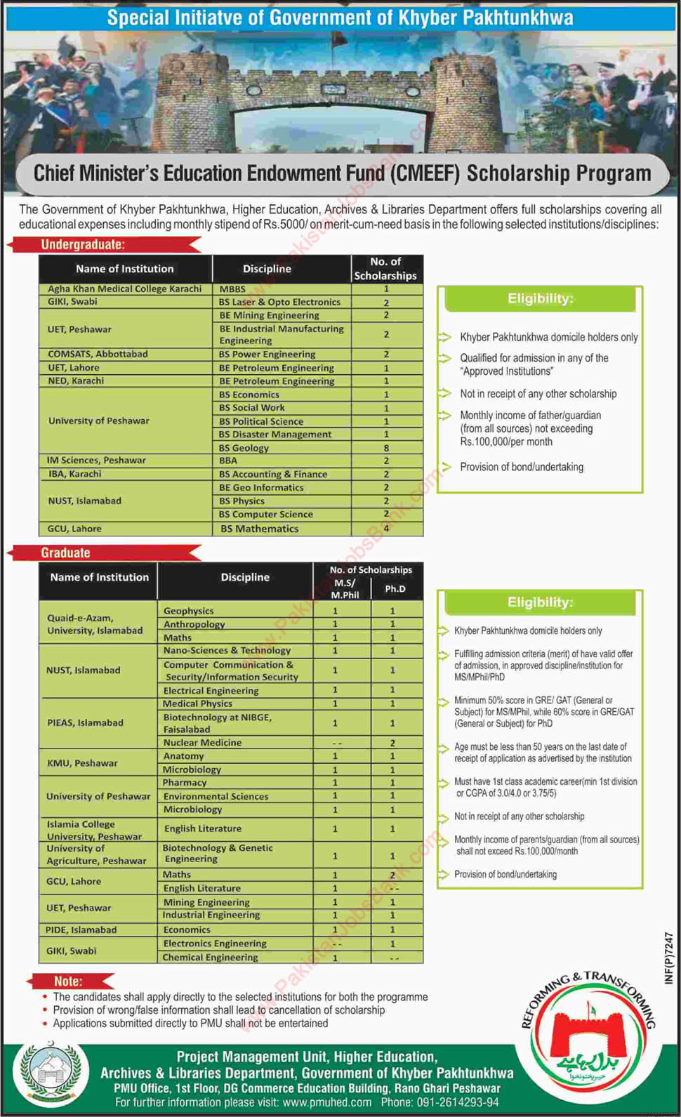 KPK Chief Minister's Education Endowment Fund Scholarship Program December 2017 CMEEF Latest