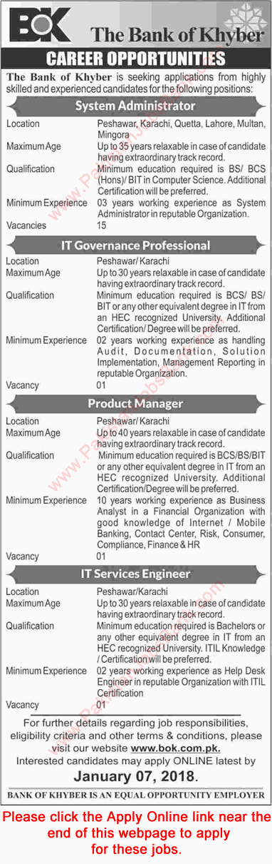Bank of Khyber Jobs December 2017 Apply Online System Administrators & Others BOK Latest