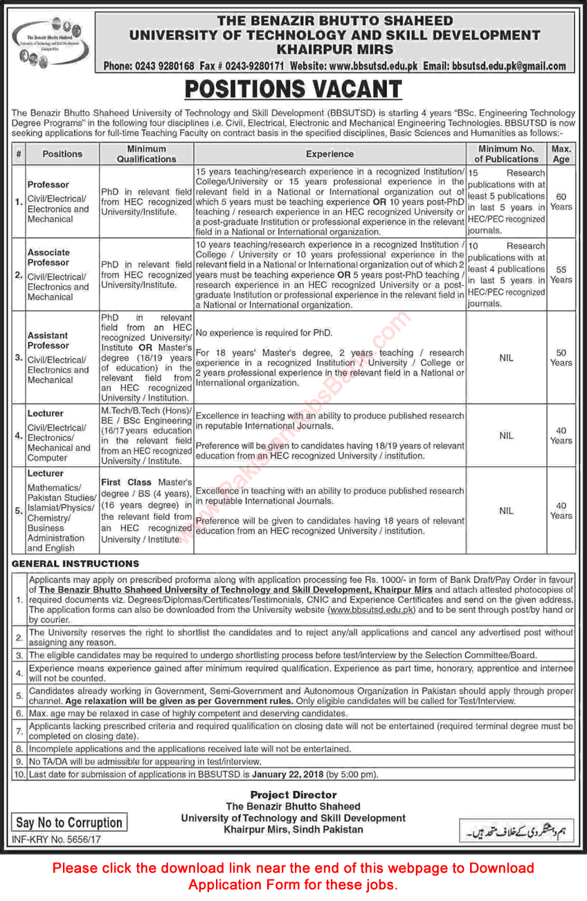 BBS University of Technology and Skill Development Khairpur Mirs Jobs 2017 December 2018 Application Form Latest