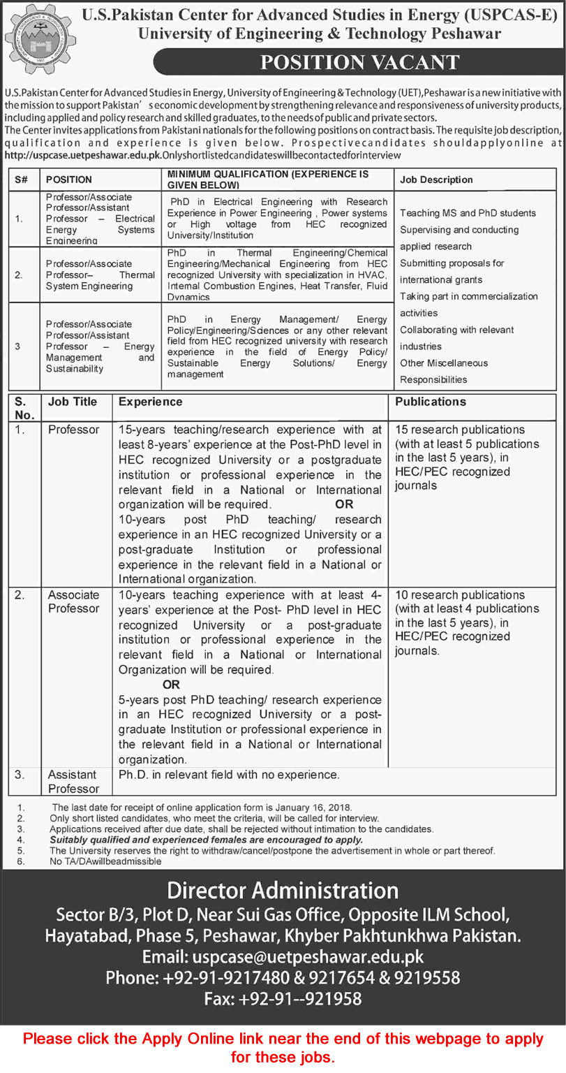 US Pakistan Center for Advanced Studies in Energy UET Peshawar Jobs December 2017 / 2018 Apply Online Latest