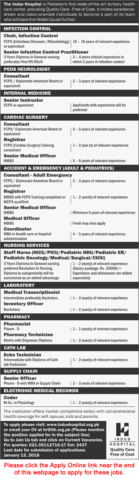 Indus Hospital Karachi Jobs December 2017 / 2018 Apply Online Nurses, Medical Officers & Others Latest