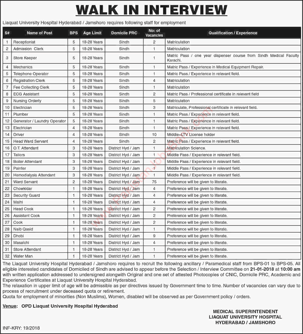 Liaquat University Hospital Hyderabad / Jamshoro Jobs 2018 Ward Servants, Drivers & Others Walk in Interview Latest