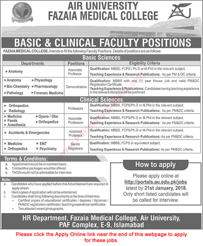 Air University Fazaia Medical College Islamabad Jobs 2018 Apply Online Teaching Faculty Latest