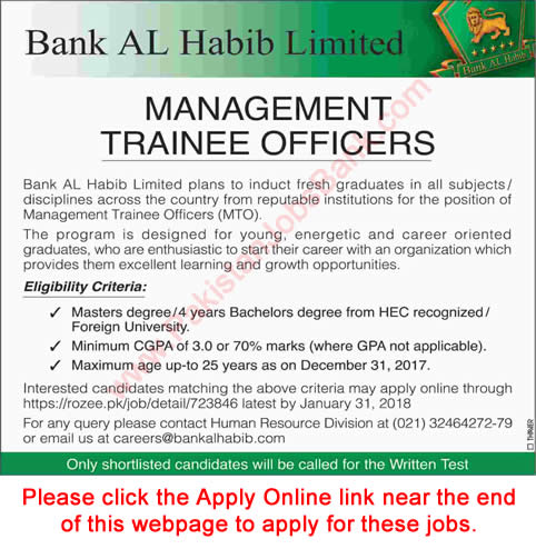 Bank Al Habib Jobs 2018 Apply Online Management Trainee Officers MTO Latest / New
