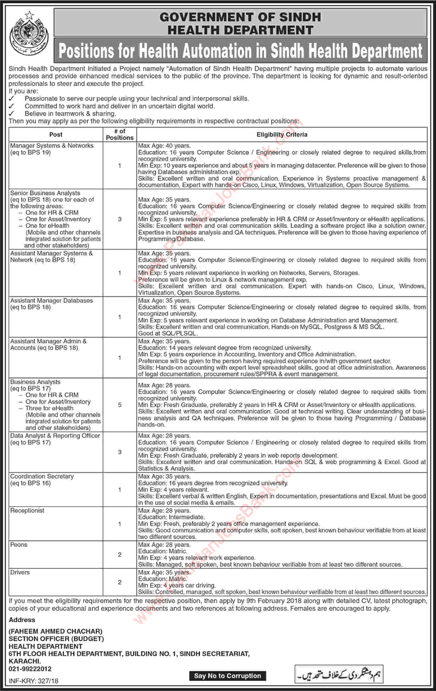 Health Department Sindh Jobs 2018 Karachi Business / Data Analysts, Peons, Drivers & Others Latest