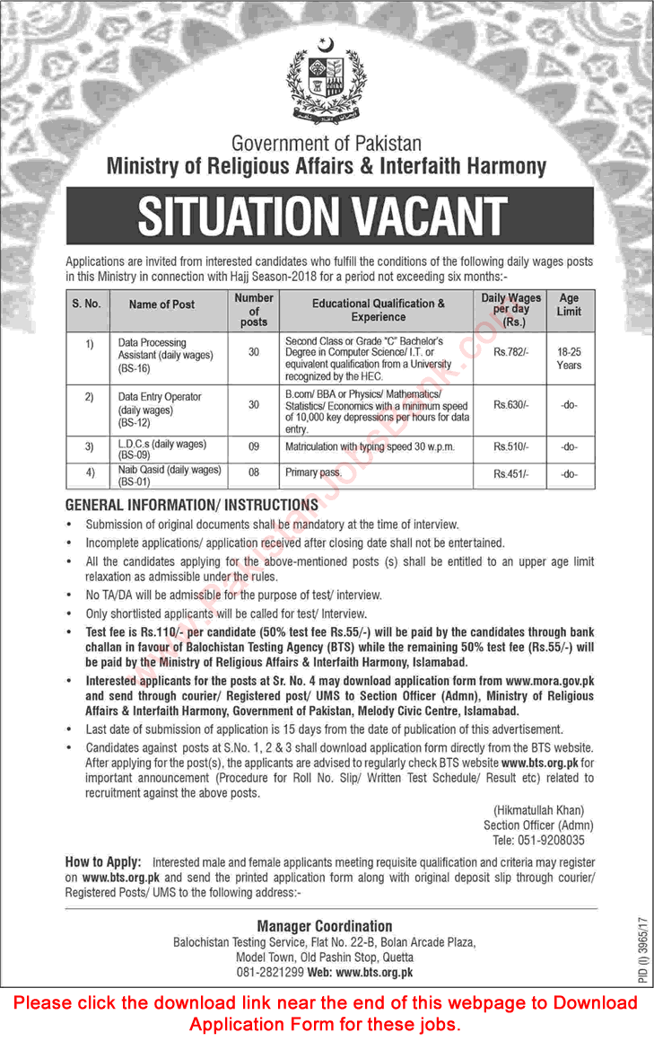 Ministry of Religious Affairs Islamabad Jobs 2018 January BTS Application Form Download Latest