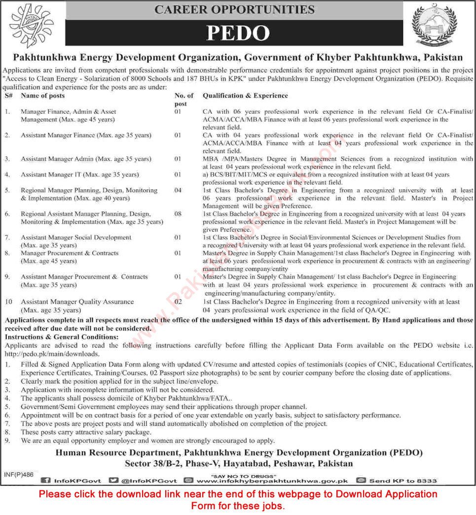 Pakhtunkhwa Energy Development Organization KPK Jobs 2018 January Application Form Download PEDO Latest