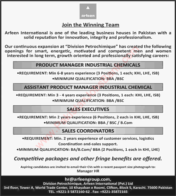 Arfeen International Pakistan Jobs 2018 January Sales Executives / Coordinators & Others Latest