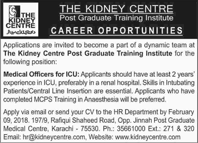 Medical Officer Jobs in The Kidney Centre Karachi 2018 January Post Graduate Training Institute Latest