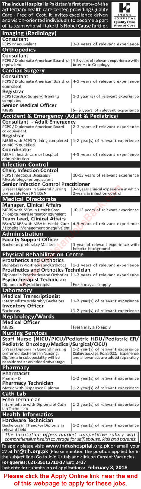 Indus Hospital Karachi Jobs 2018 January Apply Online Nurses, Medical Technicians, Consultants & Others Latest