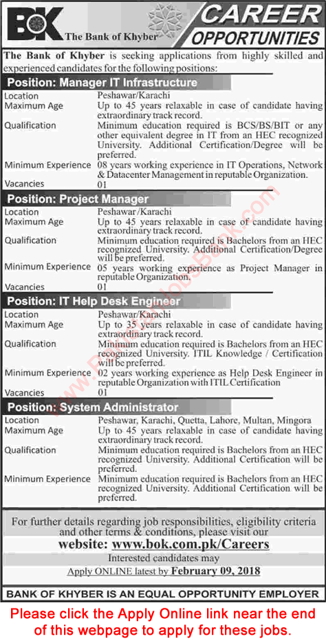Bank of Khyber Jobs February 2018 Apply Online System Administrators, Project Manager & Others Latest