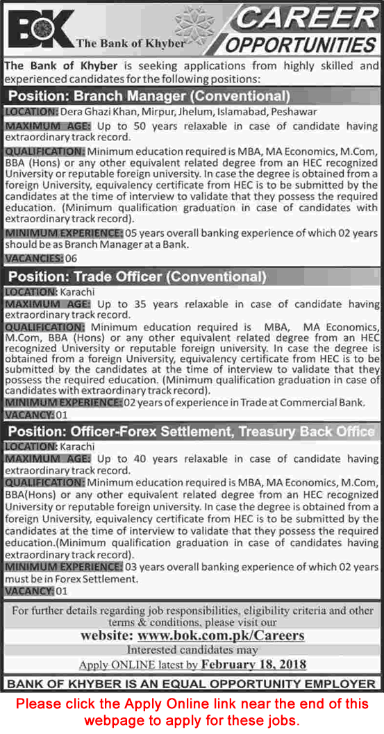 Bank of Khyber Jobs February 2018 Apply Online Branch Manager, Trade & Forex Settlement Officers Latest