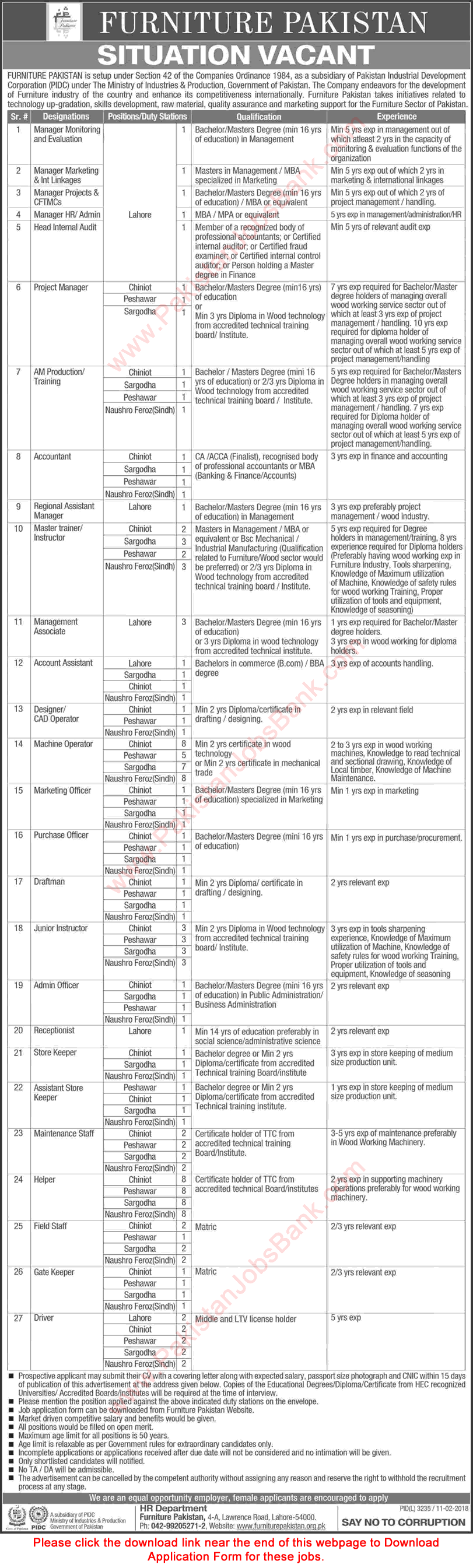 Furniture Pakistan Jobs 2018 February Application Form Machine Operators, Helpers, Drivers & Others Latest