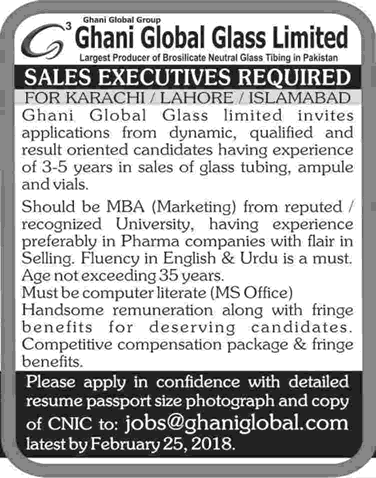 Sales Executive Jobs in Ghani Global Glass Limited Pakistan 2018 February Latest
