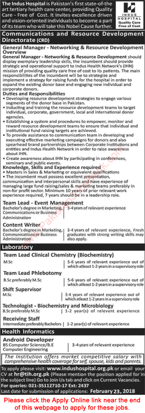 Indus Hospital Karachi Jobs February 2018 Apply Online Lab Technologists, Android Developer & Others Latest