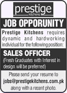 Sales Officer Jobs in Karachi February 2018 at Prestige Kitchens Latest