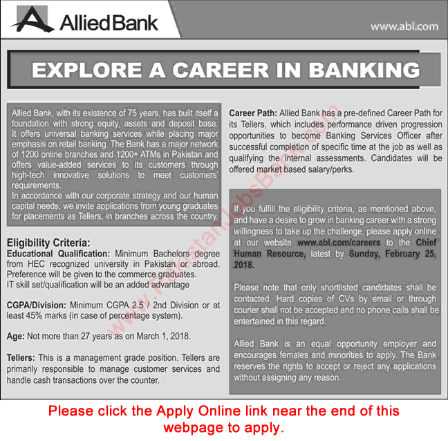 Teller Jobs in Allied Bank 2018 February ABL Apply Online Latest Advertisement