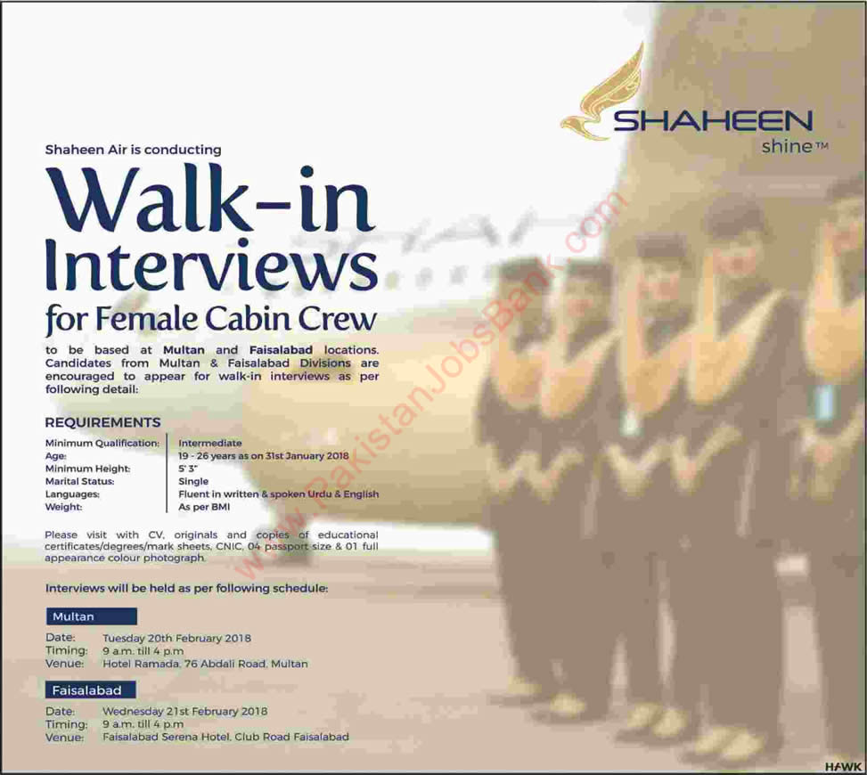 Air Hostess Jobs in Shaheen Air 2018 February Female Cabin Crew Walk in Interviews Latest