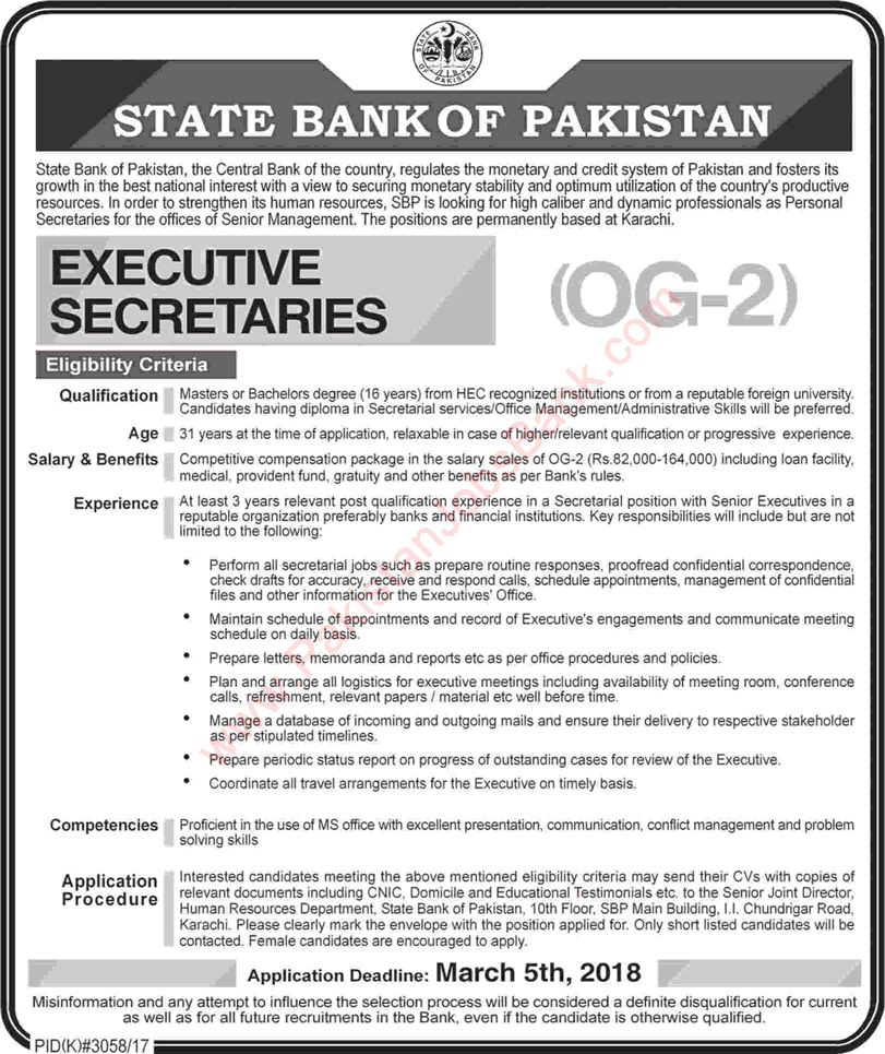 Executive Secretary Jobs in State Bank of Pakistan 2018 February Karachi SBP Latest