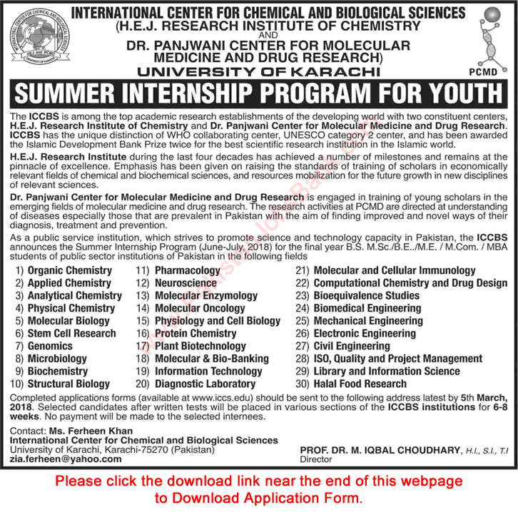 ICCBS Summer Internship 2018 Program for Youth Application Form University of Karachi Latest