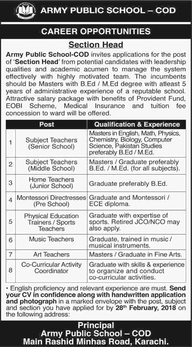 Army Public School COD Karachi Jobs 2018 February Teachers, Montessori Directress & Others Latest