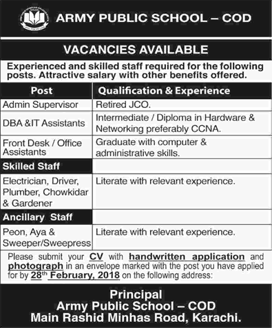 Army Public School COD Karachi Jobs 2018 February Front Desk / Office Assistants & Others Latest