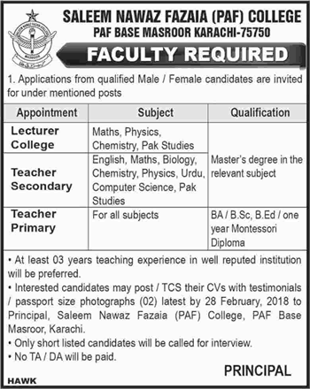 Saleem Nawaz Fazaia College Karachi Jobs 2018 February PAF Lecturers & Teachers Latest