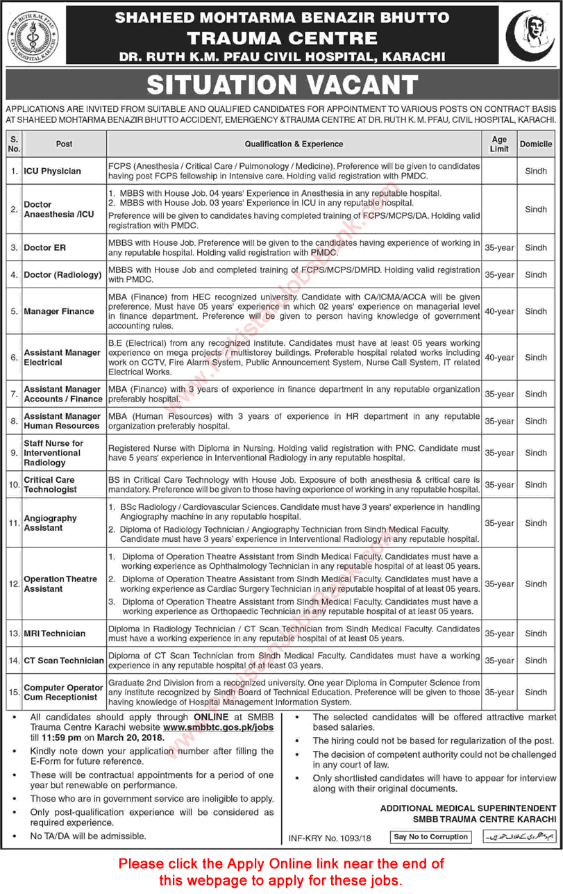 SMBB Trauma Centre Civil Hospital Karachi Jobs February 2018 Apply Online Doctors, Nurses & Others Latest