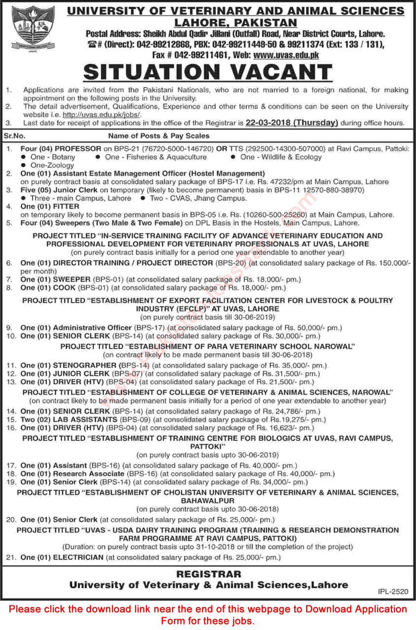 University of Veterinary and Animal Sciences Lahore Jobs February 2018 Application Form Download Latest