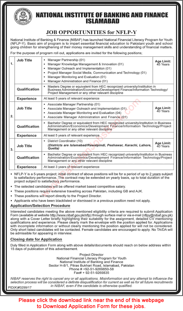 National Institute of Banking and Finance Islamabad Jobs 2018 March Application Form NIBAF NFLP-Y Latest