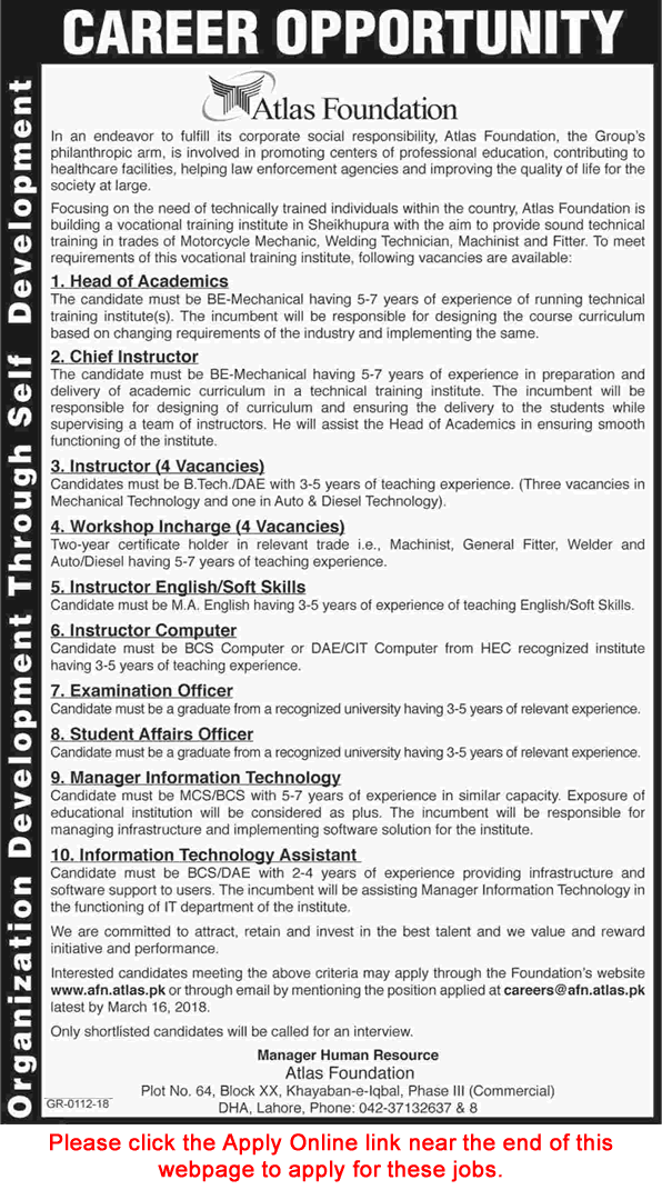 Atlas Foundation Lahore Jobs 2018 March Apply Online Workshop Incharge, Instructors & Others Latest