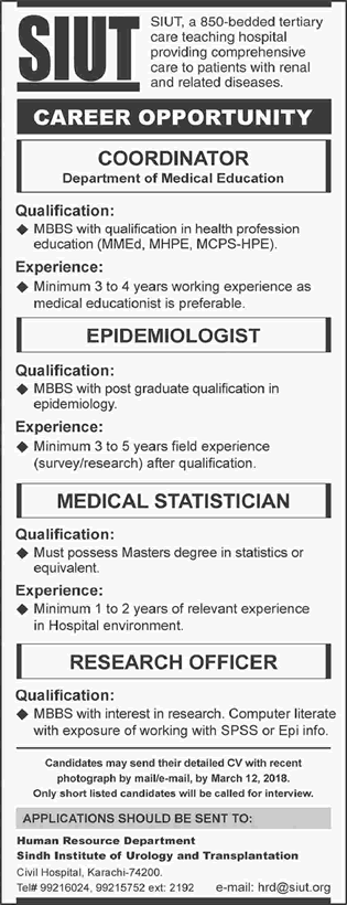 SIUT Karachi Jobs March 2018 Sindh Institute of Urology and Transplantation Latest