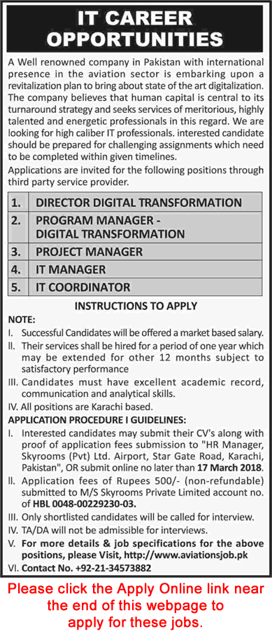Skyrooms Pvt Ltd Karachi Jobs 2018 March Apply Online IT Manager / Coordinator & Others Latest