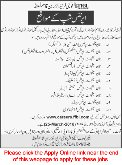 FFBL Apprenticeship 2018 March Apply Online Fauji Fertilizer Bin Qasim Limited Latest