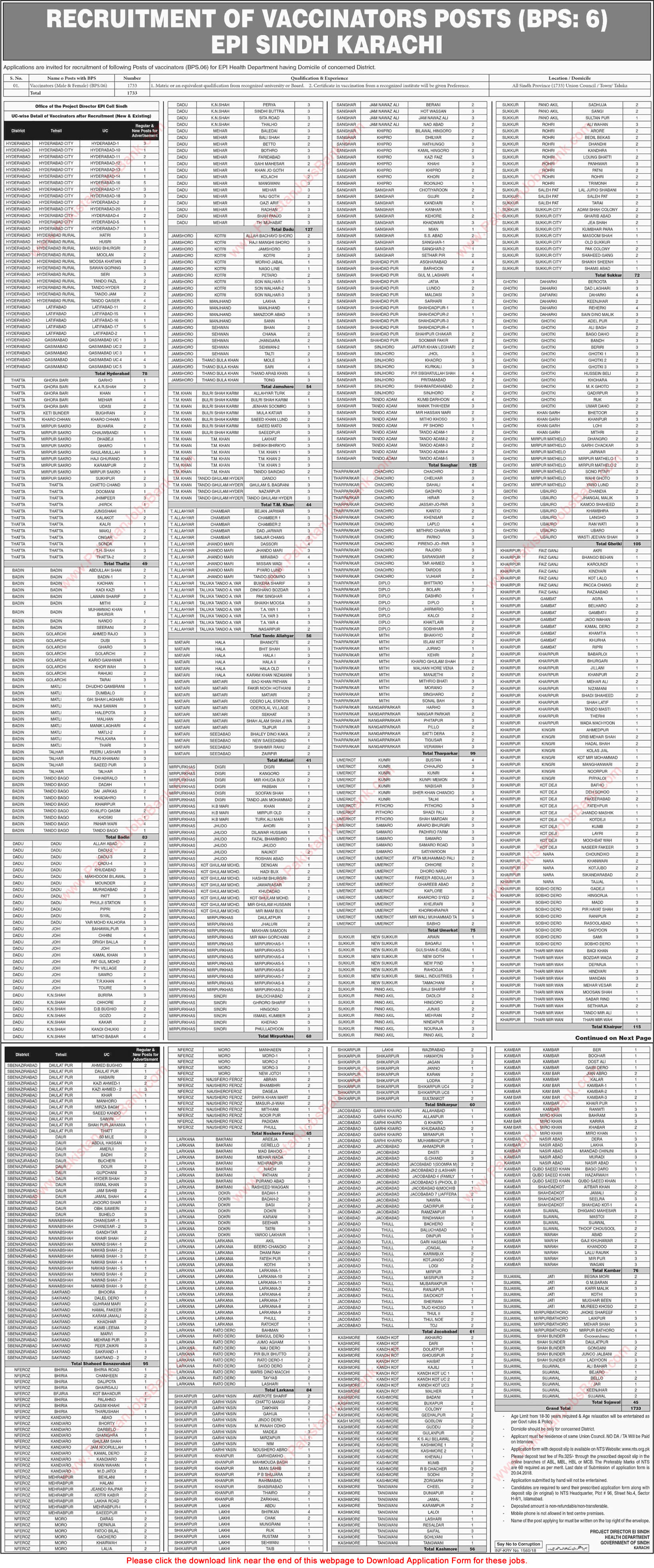 Vaccinator Jobs in Health Department Sindh March 2018 EPI NTS Application Form Download Latest