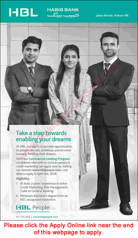 HBL Jobs March 2018 Apply Online Commercial Lending Program Latest Advertisement