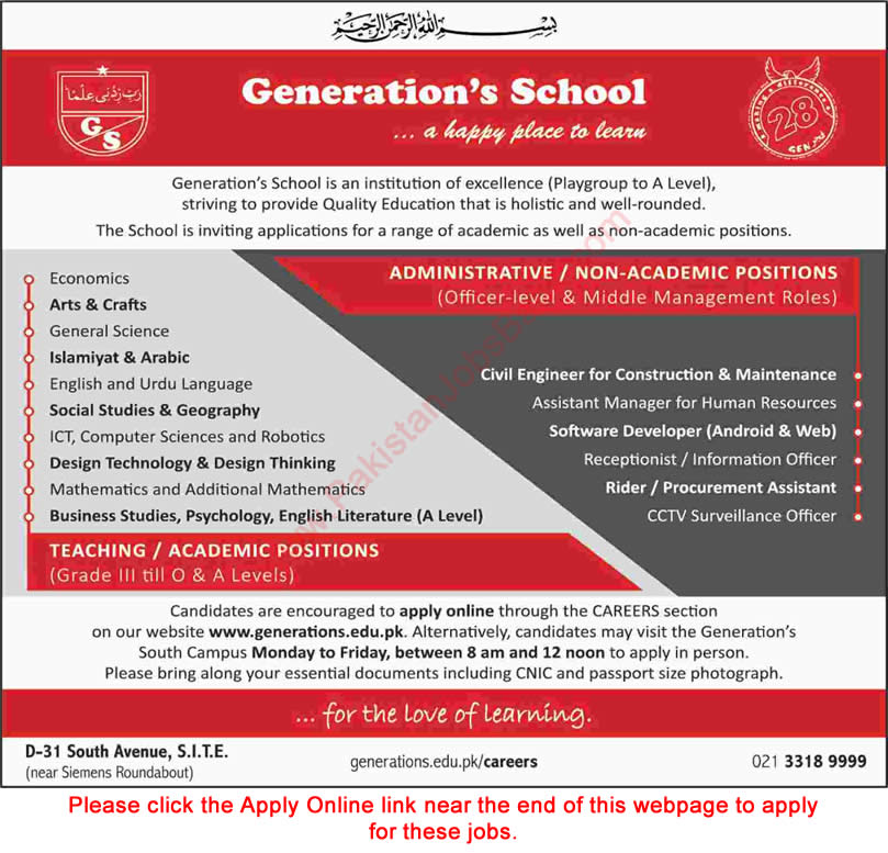 Generation School Karachi Jobs 2018 March Apply Online Teachers & Admin Staff Latest