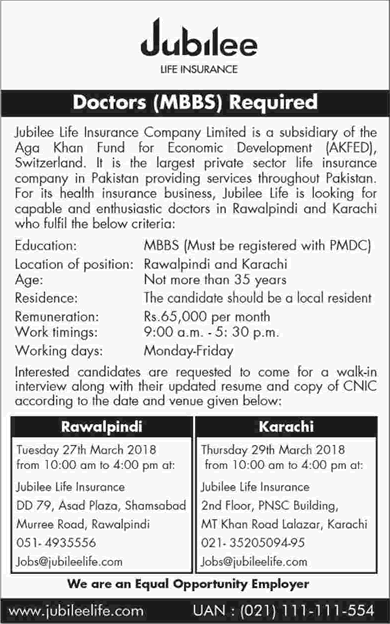 Doctor Jobs in Jubilee Life Insurance Company 2018 March Walk in Interview Latest