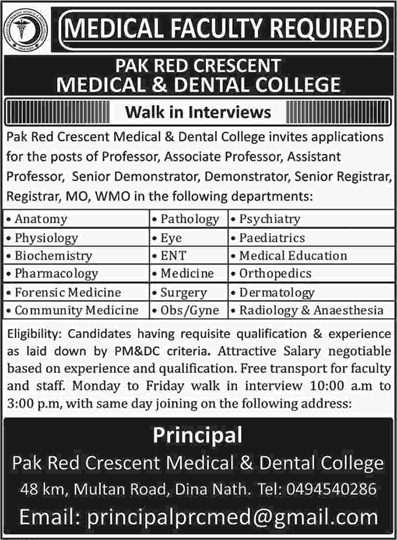 Pak Red Crescent Medical and Dental College Kasur Jobs March 2018 April Teaching Faculty & Medical Officers Latest