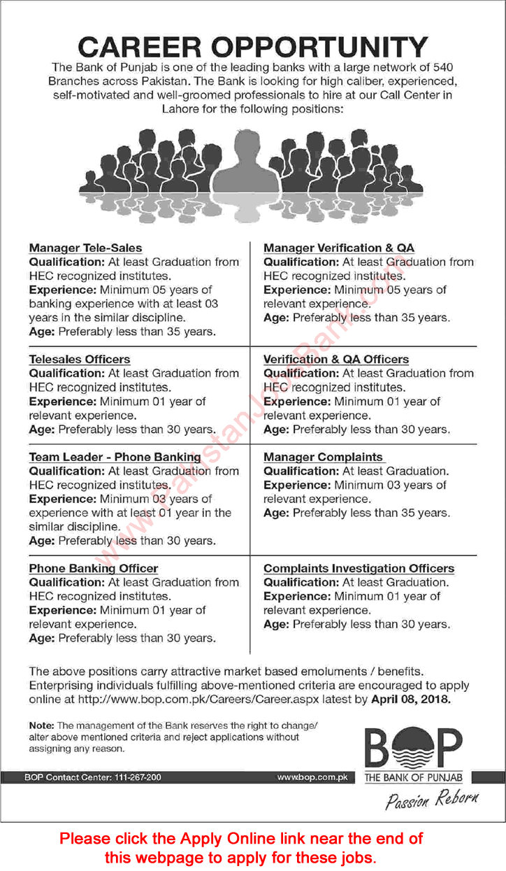 Bank of Punjab Jobs 2018 March / April Lahore Apply Online Phone Banking, Telesales Officers & Others Latest