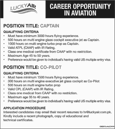 Lucky Air Pakistan Jobs 2018 April Captain & Co-Pilot Latest