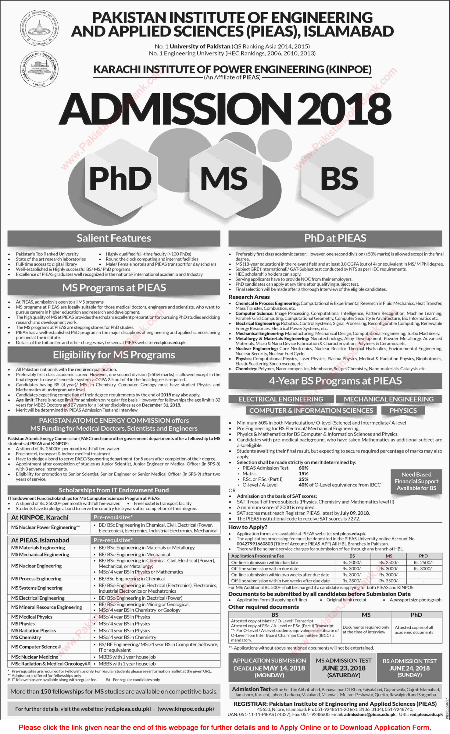 PIEAS Fellowships 2018 MS / Postgraduate Programs for Engineers, Scientists & Doctors in PAEC KINPOE Latest