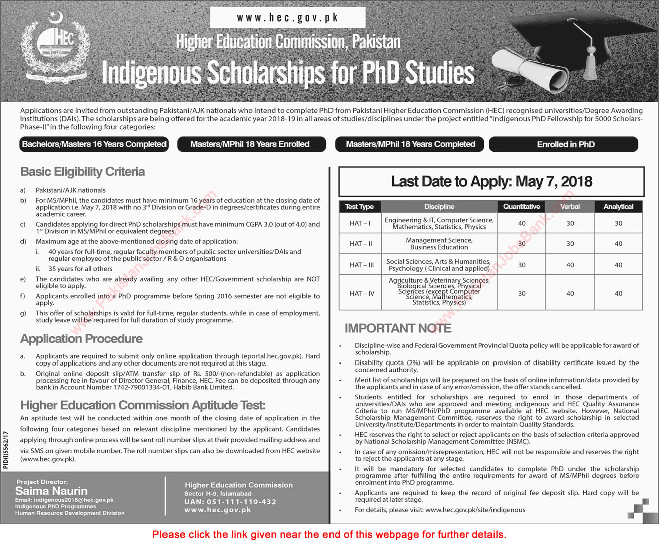 HEC Indigenous Scholarship for PhD 2018 April Apply Online Higher Education Commission Latest