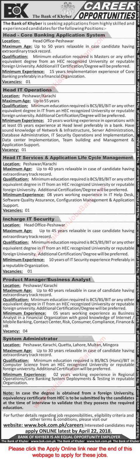 Bank of Khyber Jobs April 2018 Apply Online Product Manager / Business Analyst, System Administrator & Others Latest