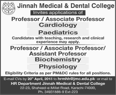 Jinnah Medical and Dental College Karachi Jobs 2018 April Teaching Faculty Latest