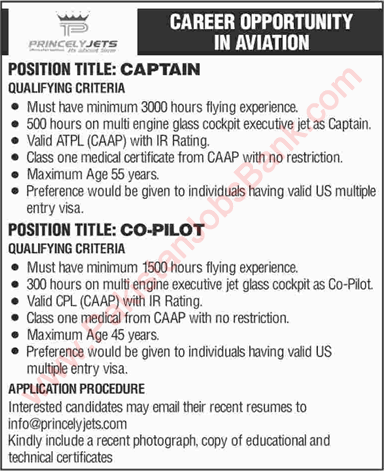 Princely Jets Pakistan Jobs 2018 April Captain & Co-Pilot Latest