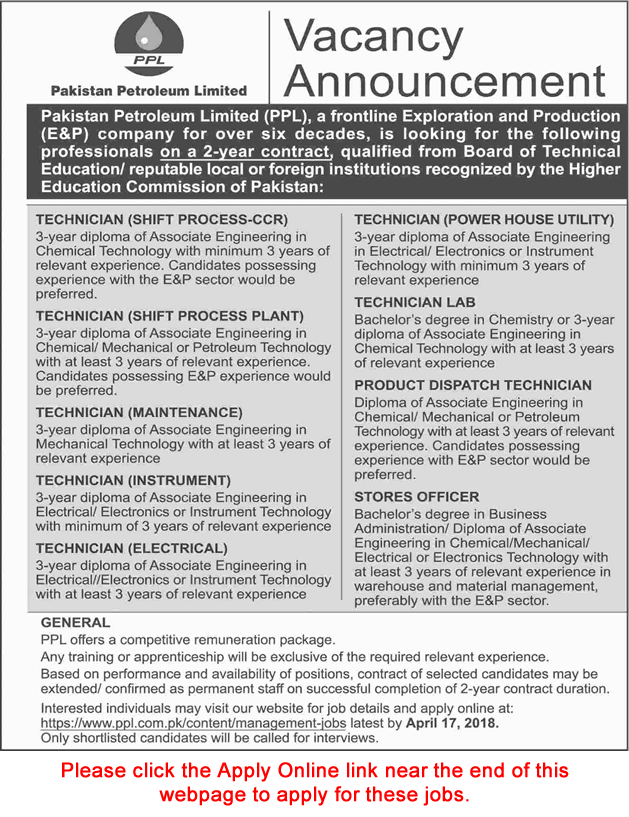 Pakistan Petroleum Limited Jobs 2018 April PPL Apply Online Technicians & Others Latest