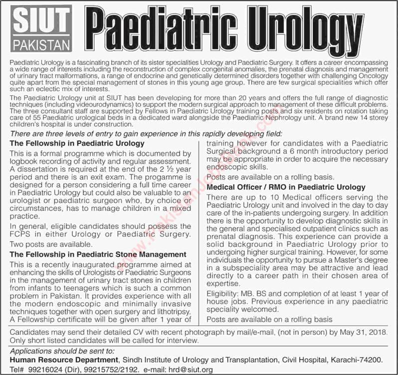 SIUT Karachi Jobs April 2018 Medical Officers & Fellowship Training Program Latest